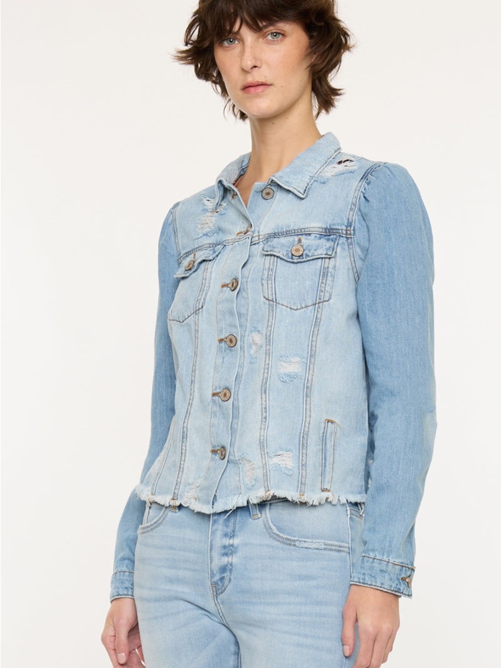NWT Kancan Los Angelos Denim Jacket Women’s M Distressed Puff Sleeve Cropped